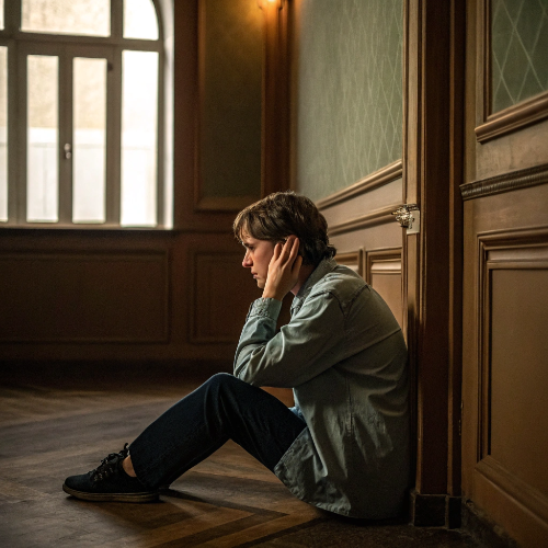 조용한 공간에서 "삐-"하는 소리가 들려서 힘들어 하는 이미지(이명)