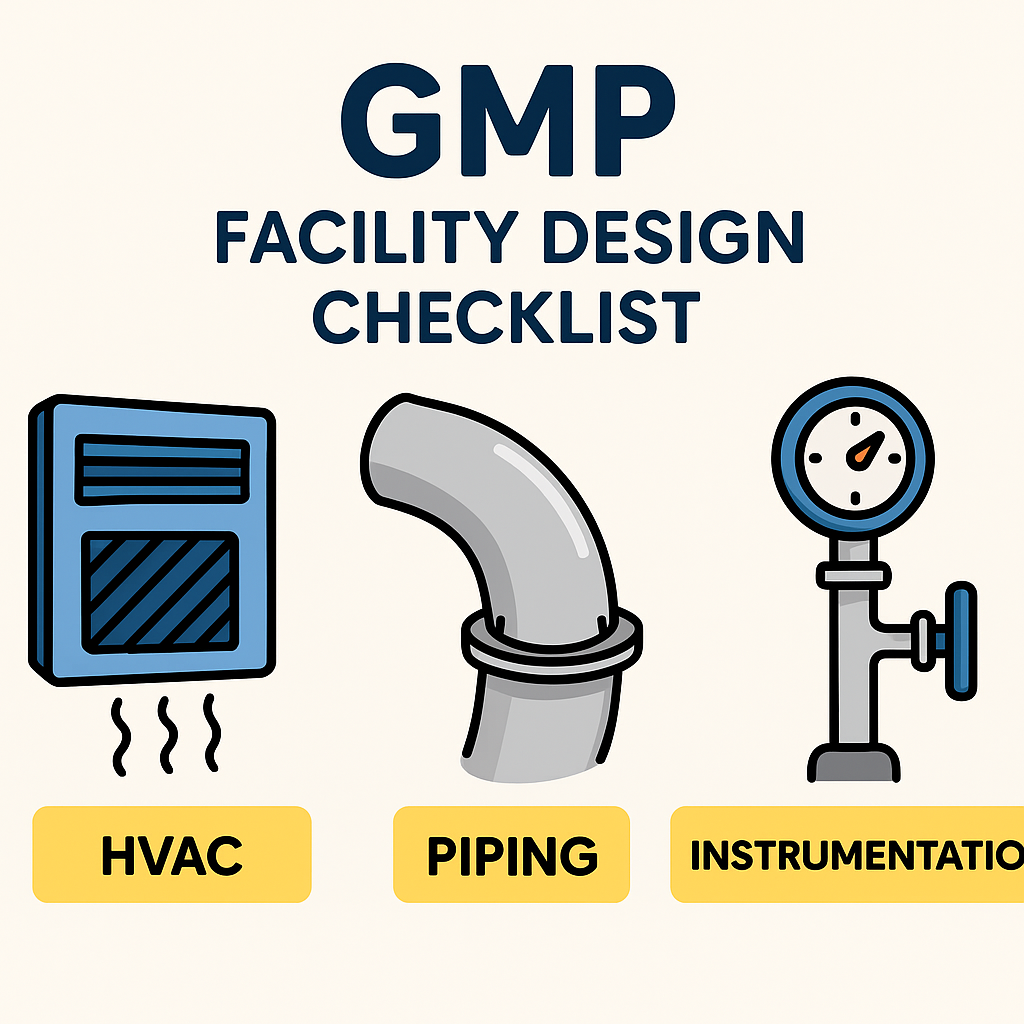 GMP Facility Design Checklist - HVAC, piping, and instrumentation icons in a clean infographic style