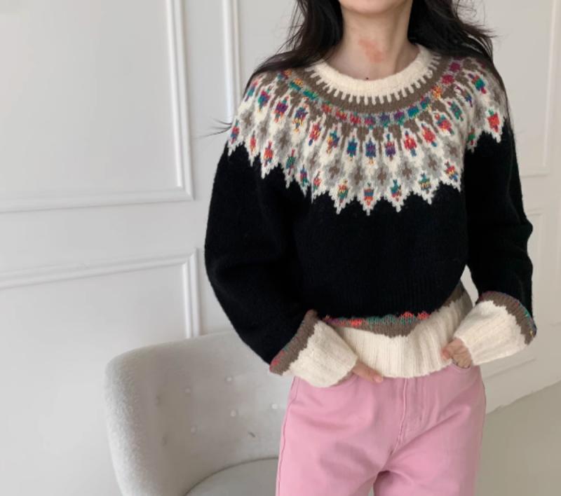 크롭 노르딕 자수 울 나그랑 눈꽃니트 여성 스웨터