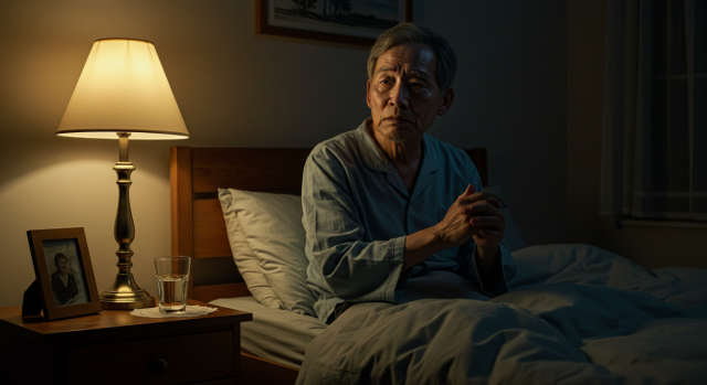 밤에 불안해하며 잠 못 드는 노인의 모습