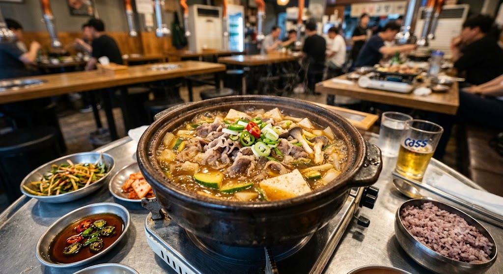 차돌박이에서 녹아 나온 고소한 기름과 된장이 한데 어우러져 뚝배기 안에서 보글보글 끓고 있는, 깊고 진한 국물 맛의 고깃집 스타일 된장찌개 비주얼을 확인해 보세요.