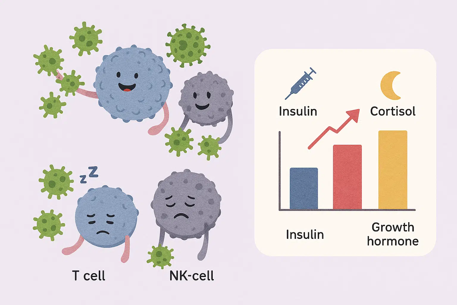 면역세포(T세포, NK세포)가 활발하게 작동하는 모습과 수면 부족으로 약해진 세포 활동을 대비시킨 그림