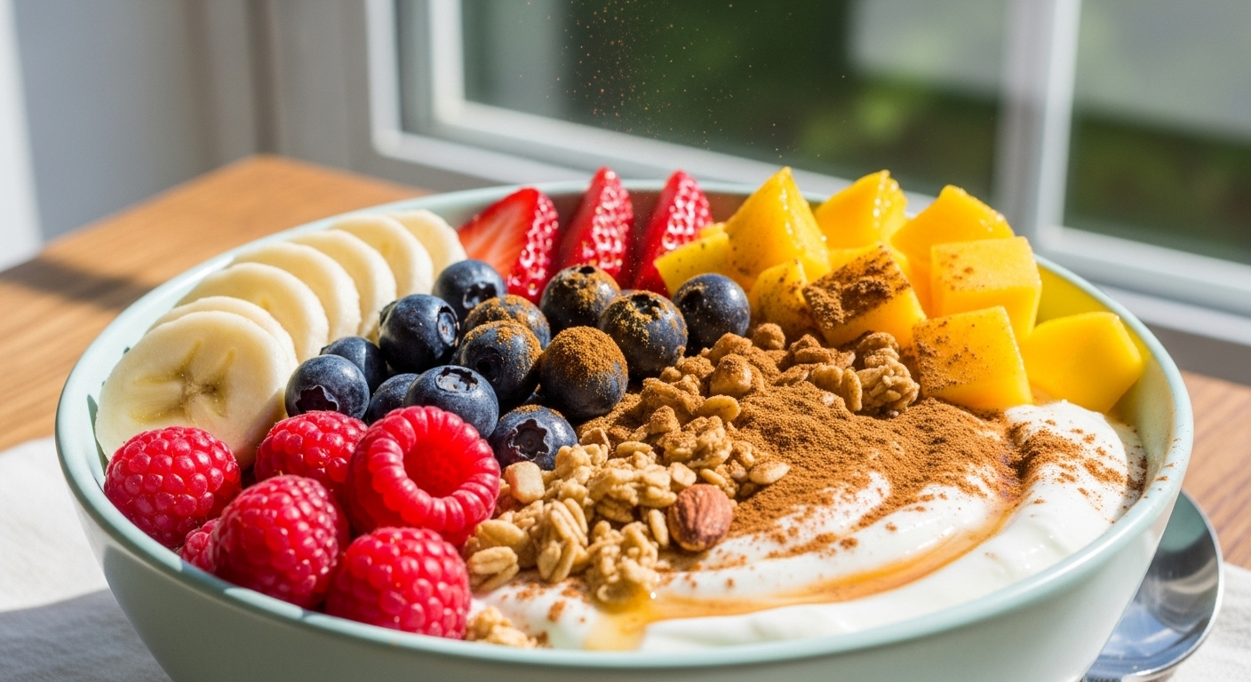 신선한 과일과 계피가루가 듬뿍 뿌려진 건강한 오트밀 아침 식사로, 소화 및 다이어트 효과를 시각적으로 강조.