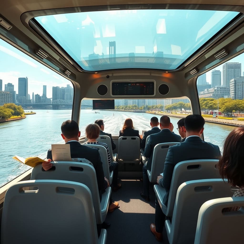 교통 체증 없이 한강을 가로지르며 출퇴근하는 새로운 경험을 시각적으로 보여주어, 한강버스가 제공하는 편리함과 효율성을 강조합니다.