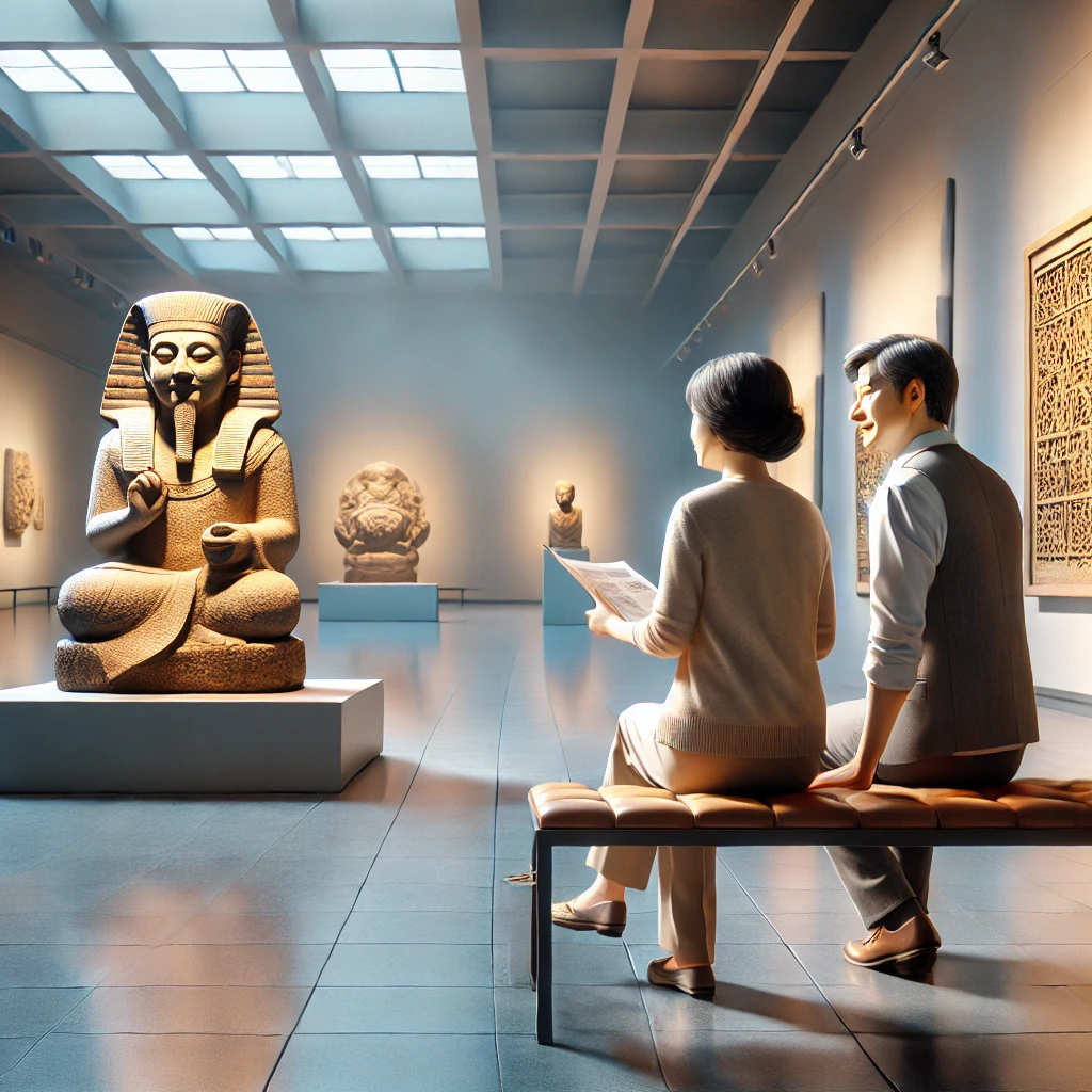 박물관에서 조각품을 보며 벤치에 앉아 대화하는 중년 부부