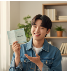 청년이 통장을 들고 웃고 있는 이미지