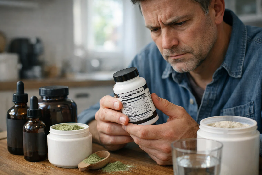 건강기능식품 성분표를 확인하며 간에 부담을 고민하는 모습