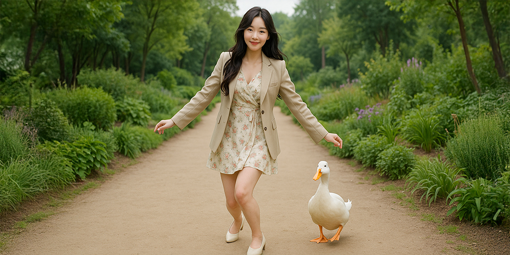 오리와 뒤뚱 거리며 걷고 있는 데이트 중 인 사람