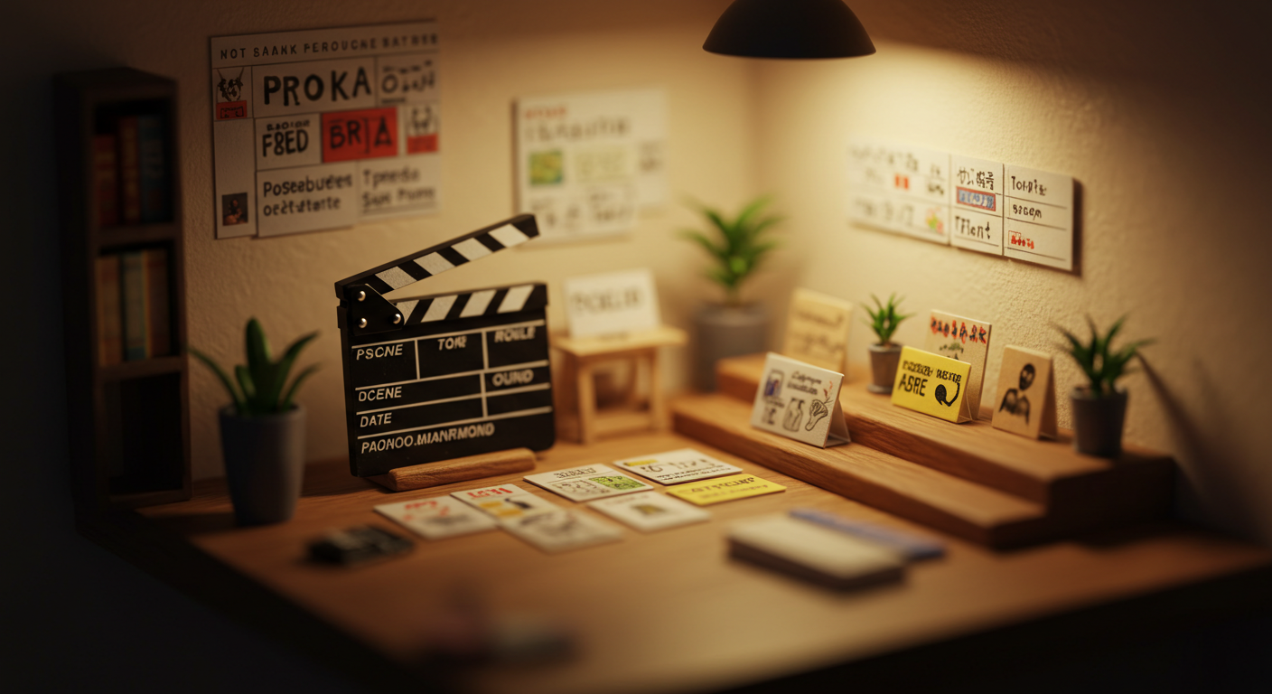 미니어처 클랩보드와 작은 썸네일 카드, 태그 스티커를 틸트쉬프트로 촬영한 대표 이미지