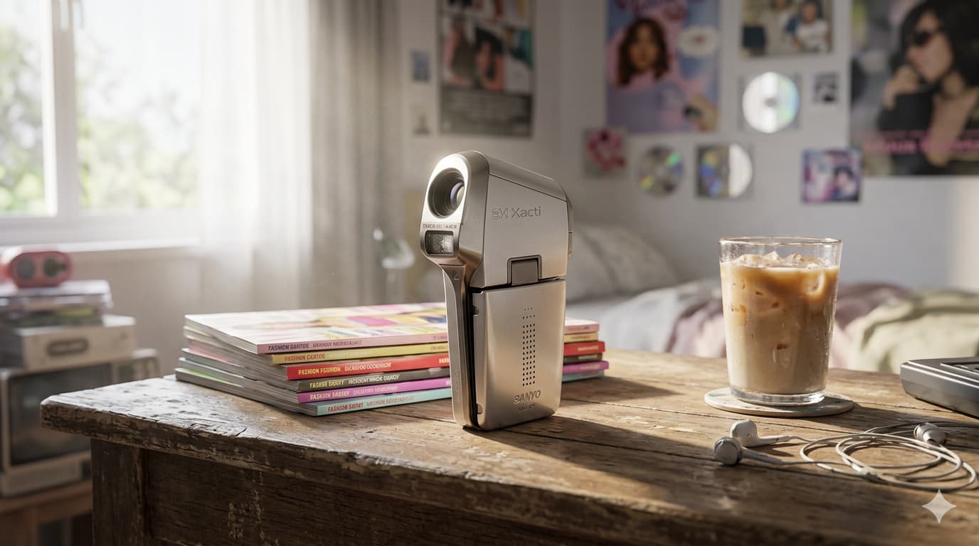 원목 책상 위 Y2K 패션 잡지와 아이스 커피 옆에 놓인 은색 산요 작티 VPC-C5 빈티지 캠코더. 자연광이 비치는 감성적인 라이프스타일 연출 장면.