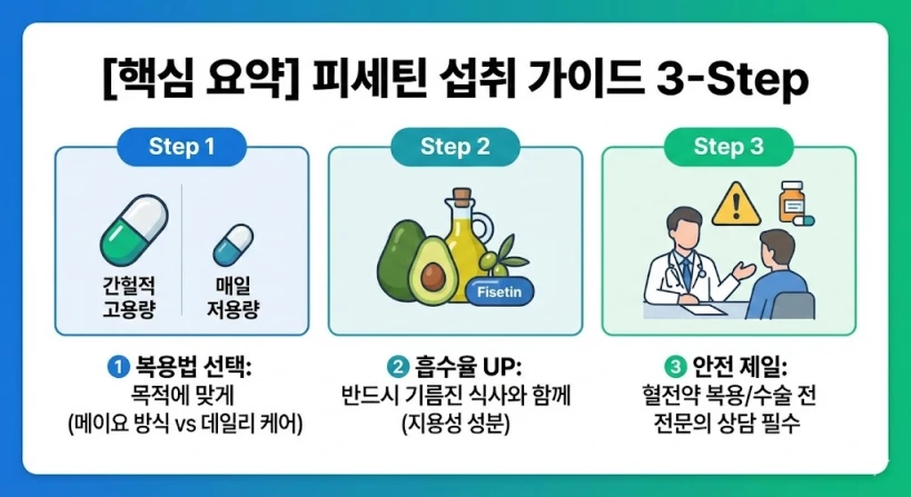 피세틴 올바른 섭취를 위한 3가지 핵심 포인트(1. 목적에 맞는 복용법 선택, 2. 기름진 식사와 함께 섭취하여 흡수율 높이기, 3. 혈전약 복용자 등 전문의 상담 필수)를 직관적인 아이콘과 텍스트로 정리한 요약 카드 이미지입니다.
