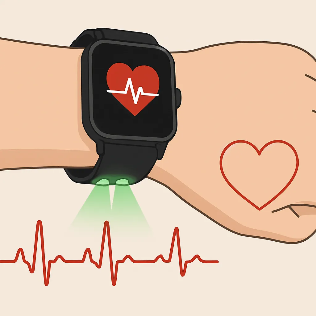 스마트워치가 손목에서 초록색 LED를 사용해 심박수를 측정하는 원리를 표현한 이미지