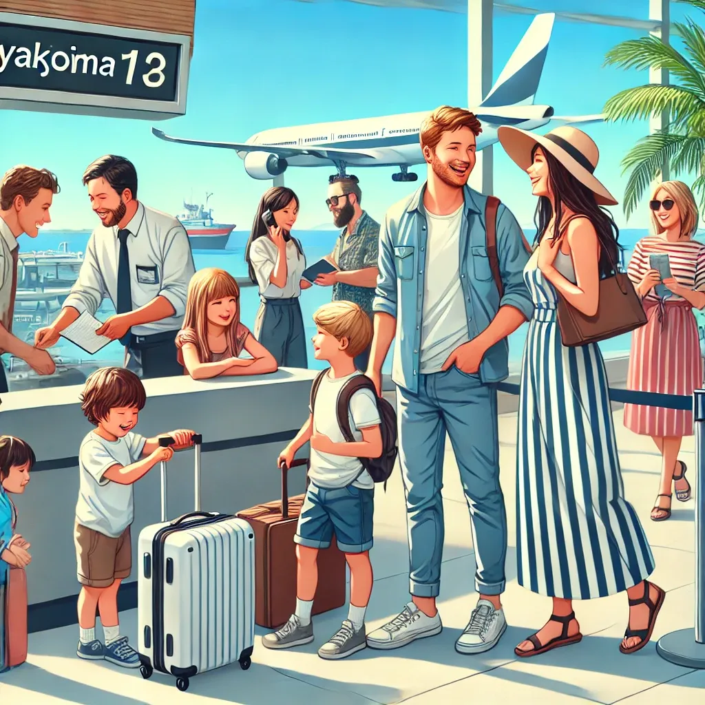 비행기를 바라보며 손을 잡고 있는 커플과 짐을 싣는 가족