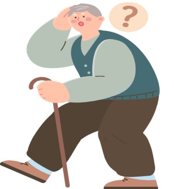 지팡이를 짚고 길을 잃은 듯한 표정의 노인을 표현한 치매 관련 그림