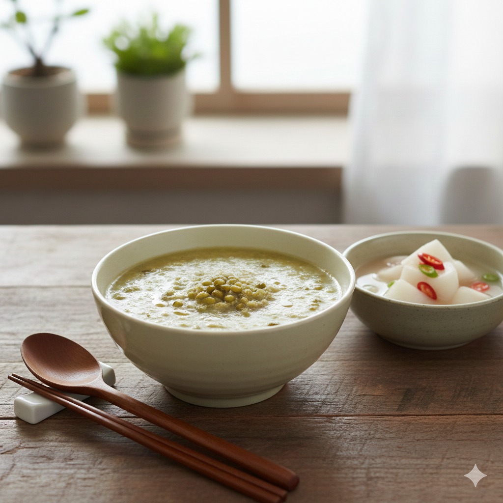 환절기 보양식으로 좋은, 연한 초록빛이 감도는 따뜻한 녹두죽 한 그릇