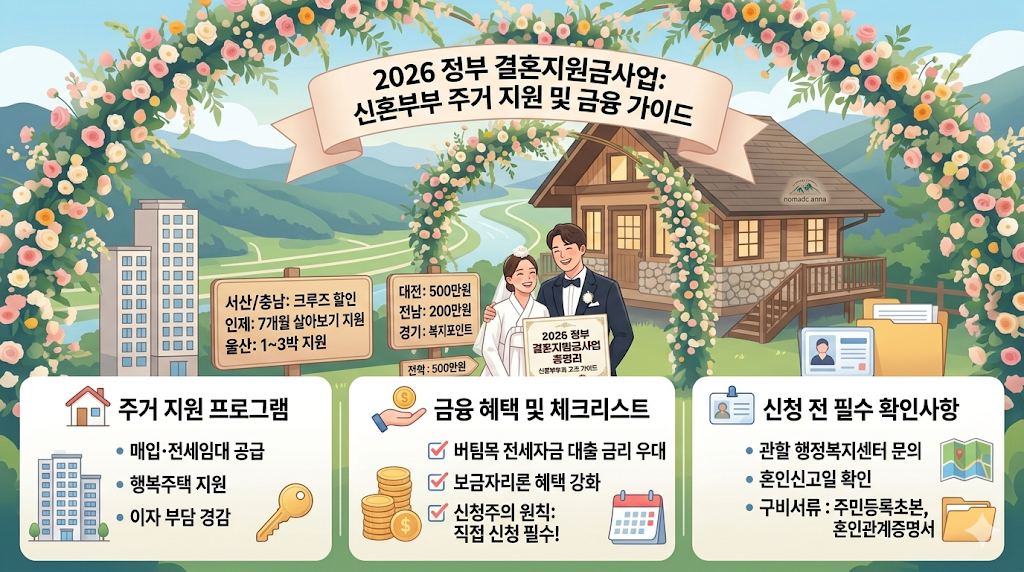 블로그 본문 중간에 배치하여 독자들이 2026 정부 결혼지원금사업의 복잡한 신청 방법과 조건을 쉽게 이해