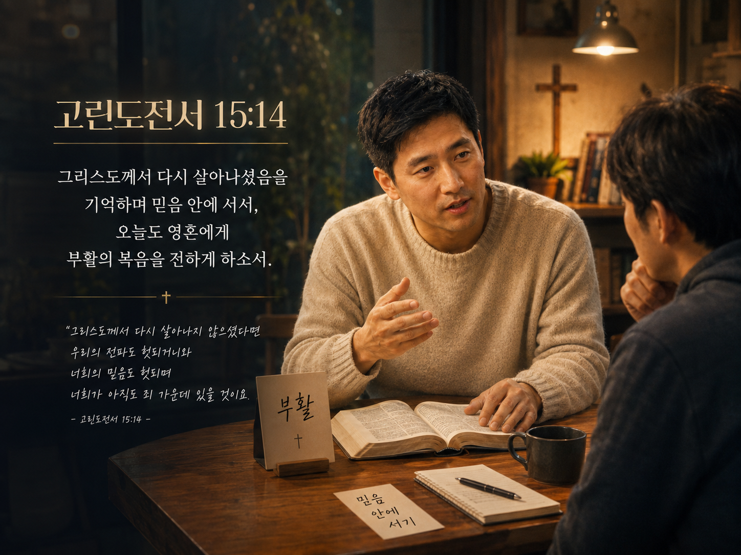 고전 15:14 말씀에서 영혼을 만나고 전도할 때 가장 중요한 것은 그리스도께서 부활하셨다는 것이며&amp;#44; 이를 기억하며 믿음 안에 서 있는 것이 필요함을 묵상하며&amp;#44; 오늘도 영혼을 만날 때 그리스도의 부활을 기억하며 부활에 대해 나눌 수 있는 시간을 갖는 모습입니다.