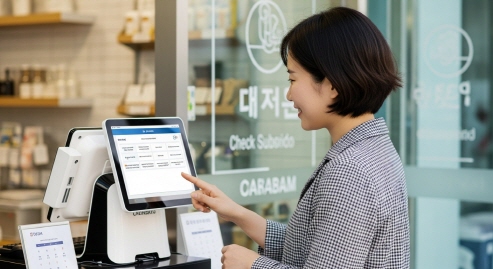 자영업자가 매장 POS 앞에서 자료를 확인