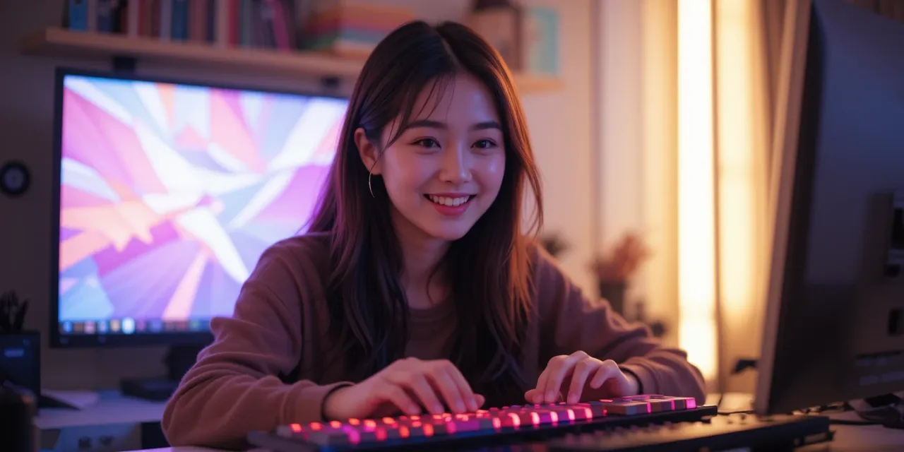 기계식 키보드 추천 모델의 조명을 켜고 미소 짓는 모습