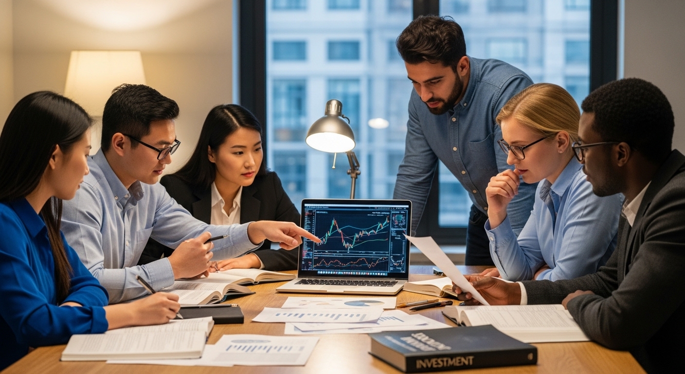 초보 투자자들이 모여 기업 재무제표와 투자 관련 서적을 공부하는 모습