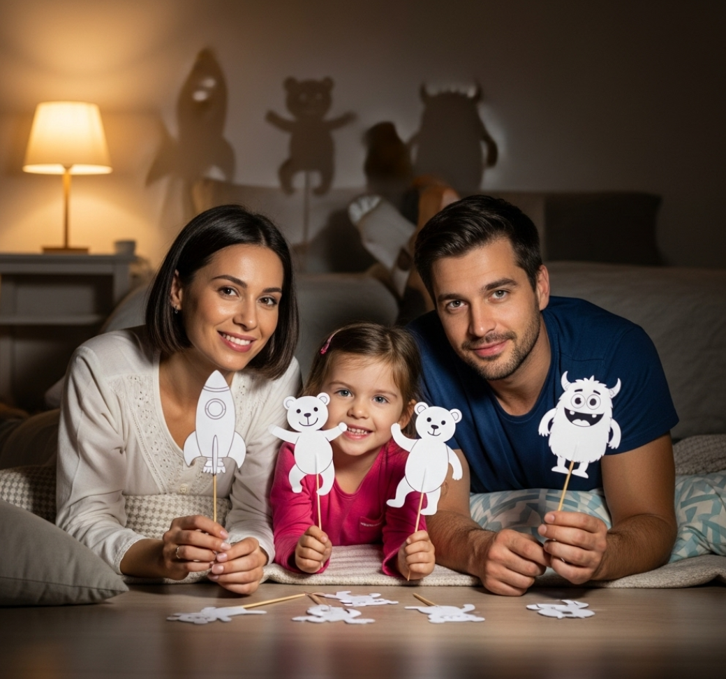 엄마 아빠 아기가 그림자놀이 막대를 만들어서 그림자 놀이하고 있는 사진