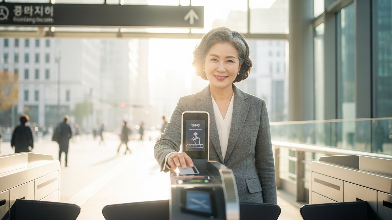 서울 광화문 지하철역에서 2026년형 실버 교통카드를 사용하는 세련된 60대 여성의 모습