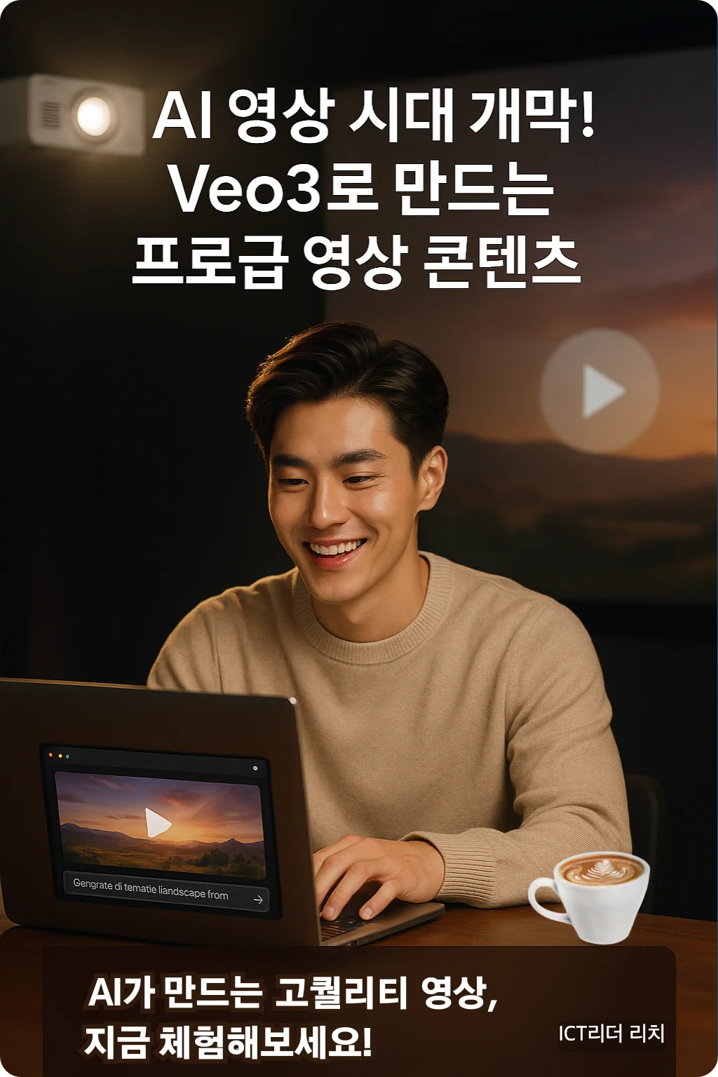 세련된 헤어스타일의 20대 남성이 조명 아래에서 Veo3로 영상 생성 프롬프트를 입력하는 장면