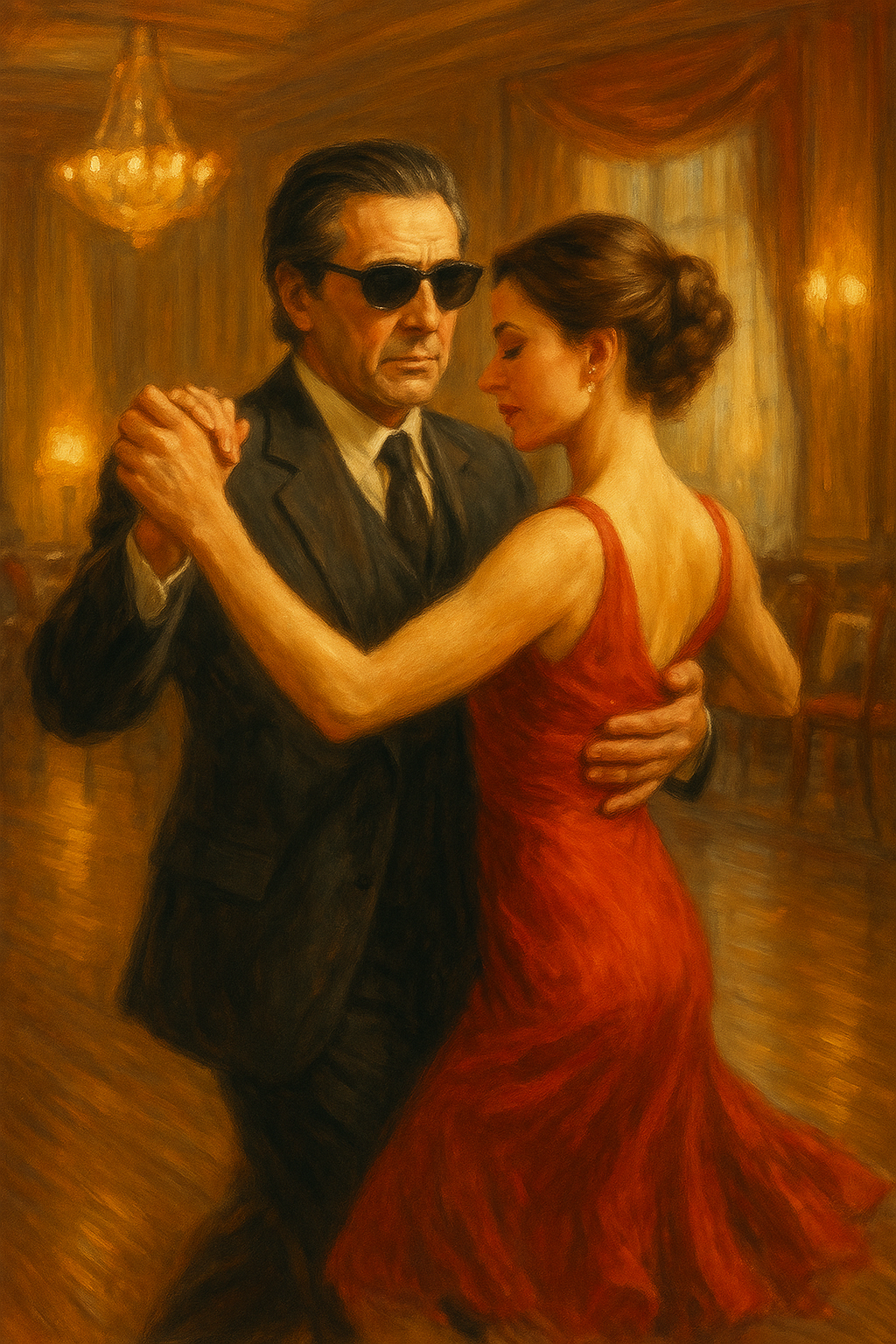 주인공인 맹인 퇴역 장교가 아름다운 여인과 탱고를 추고 있는 장면.