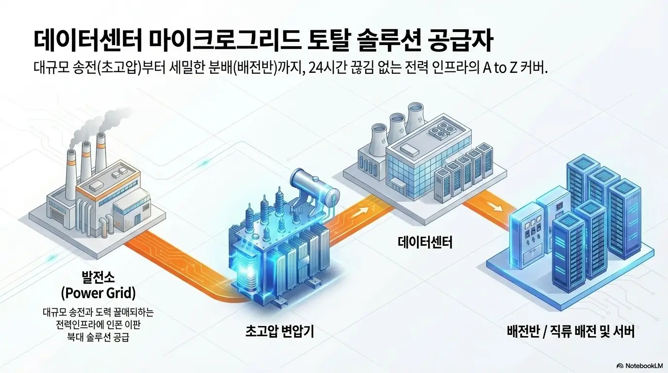 LS일렉트릭 주가 전망: LS일렉트릭이 데이터센터 마이크로그리드의 토탈 솔루션 공급자임을 보여주는 전력 밸류체인 일러스트. 발전소에서 출발한 전력이 초고압 변압기를 거쳐 데이터센터와 배전반&middot;직류 배전 및 서버로 이어지는 흐름을 단계별로 시각화하며&amp;#44; 대규모 송전부터 세밀한 분배까지 24시간 전력 인프라를 아우르는 경쟁력을 설명한다.