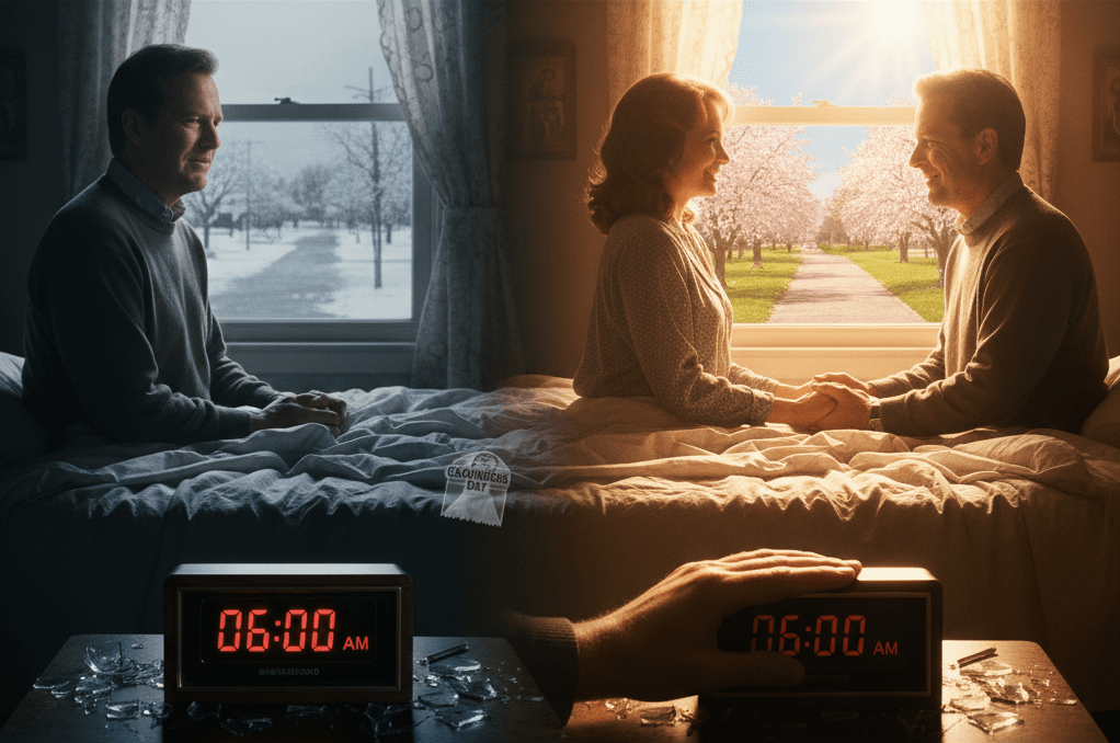 영화 사랑의 블랙홀의 타임루프를 상징하는 시계와 겨울에서 봄으로 변하는 연인의 모습