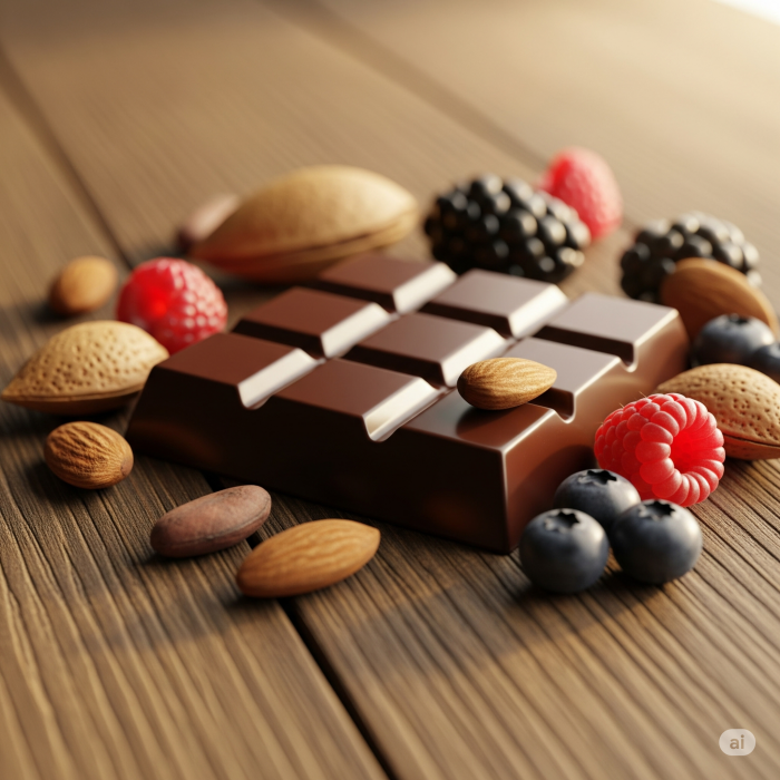초콜릿이 중심에 놓여져 있고, 그 주위로 블루베리나 아몬드등 견과류가 놓여져 있는 모습