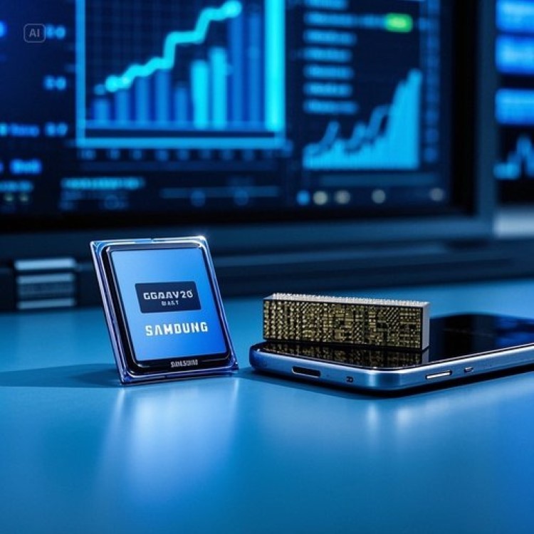 삼성전자 로고와 반도체 칩(HBM3E), 갤럭시 S25 스마트폰이 깔끔한 책상 위에 놓여 있는 이미지. 배경에는 주식 차트와 AI 데이터센터가 은은히 보이며, 현대적이고 기술 중심적인 분위기.