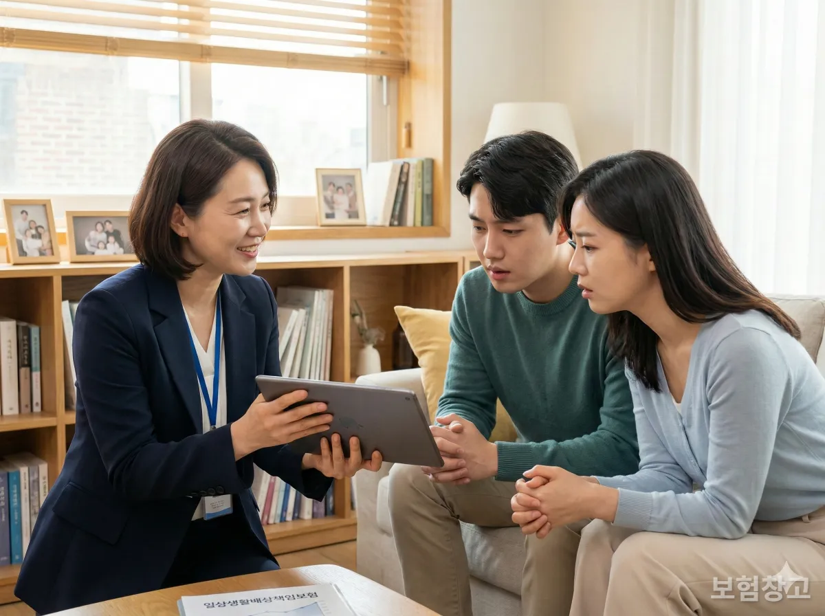 일상생활배상책임보험 약관을 설명하는 전문가와 상담하는 부부