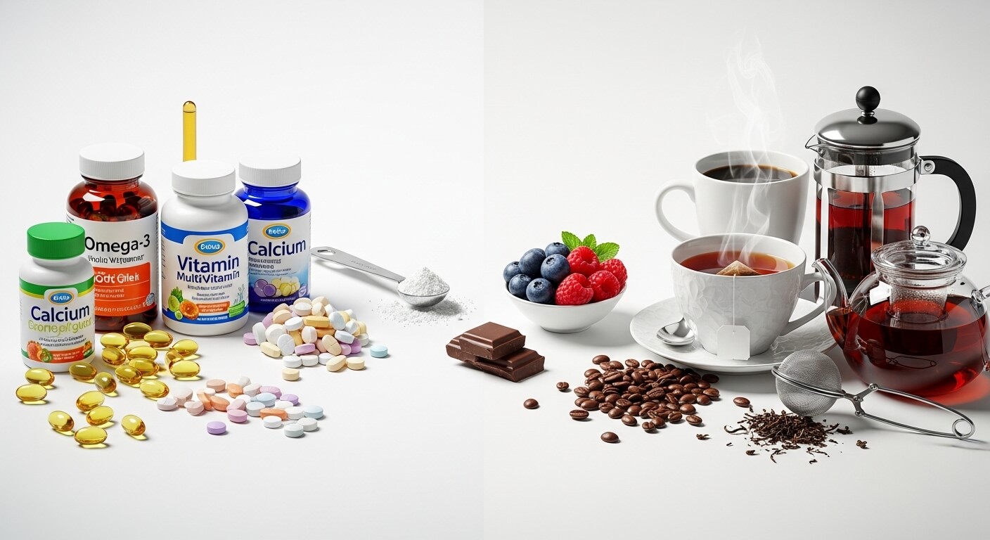 영양제와 카페인 음료 비교 이미지로 오메가3 비타민 칼슘 알약과 커피 홍차가 함께 놓인 건강 관리 콘셉트 사진