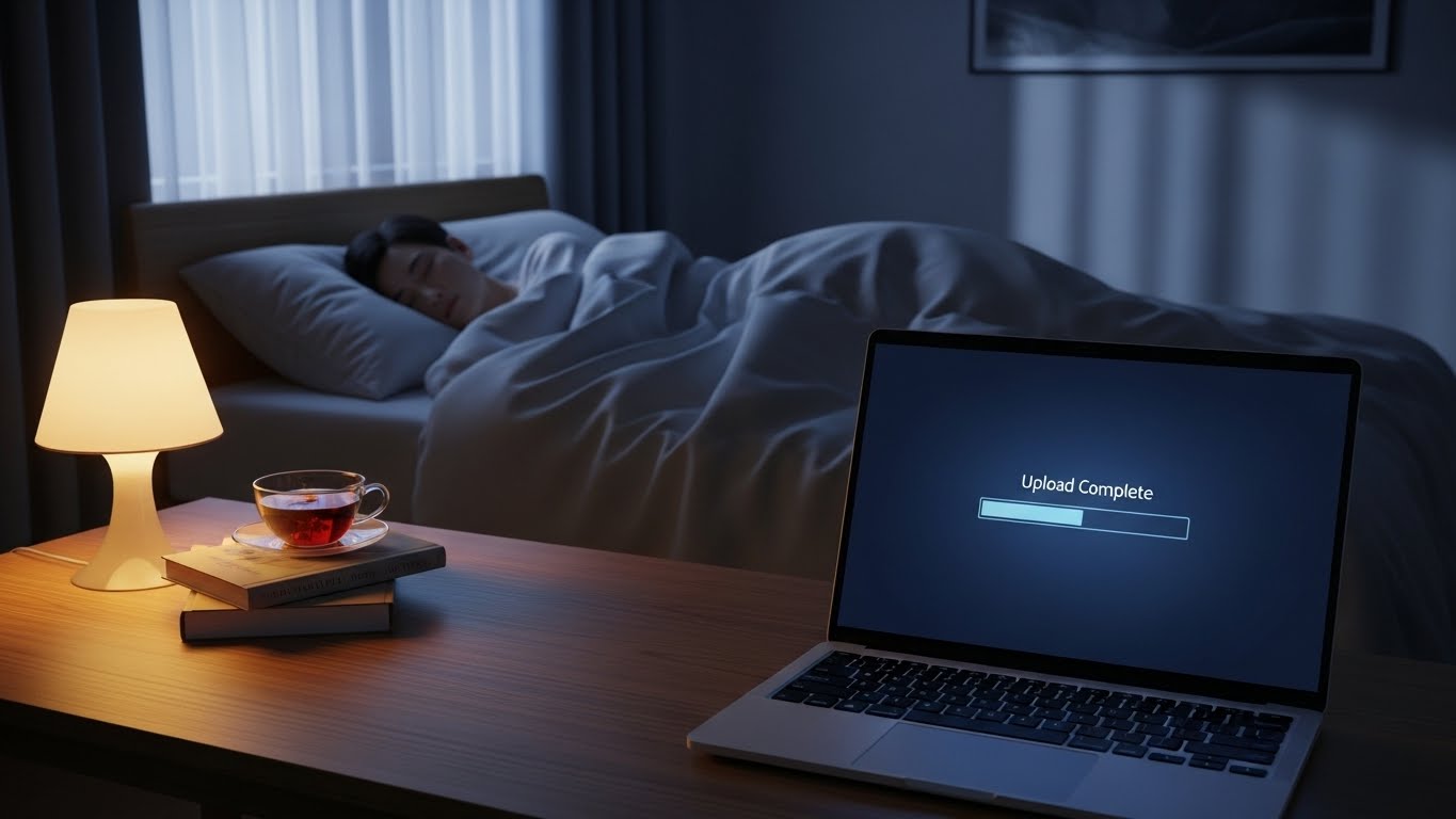 전자책 판매 시스템을 구축해 놓고 편안하게 잠든 한국인과 밤새 자동으로 판매가 이루어지는 노트북 화면