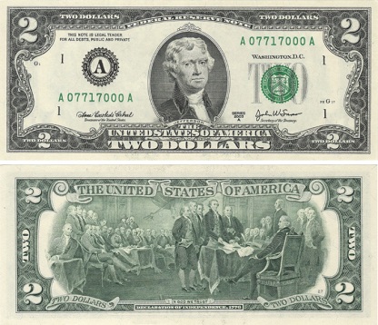$2 지폐 앞뒷면 모습