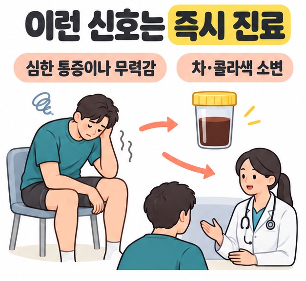 심한 통증이나 무력감으로 앉아 있는 사람, 짙은 갈색 소변 검체 용기, 의료진의 진료 장면으로 즉시 진료가 필요한 신호를 설명하는 모습