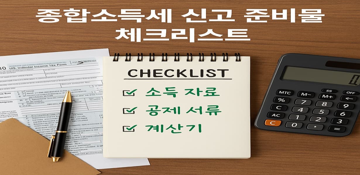 종합소득세 신고 준비를 위해 소득자료, 공제 서류, 계산기와 체크리스트를 정리한 모습
