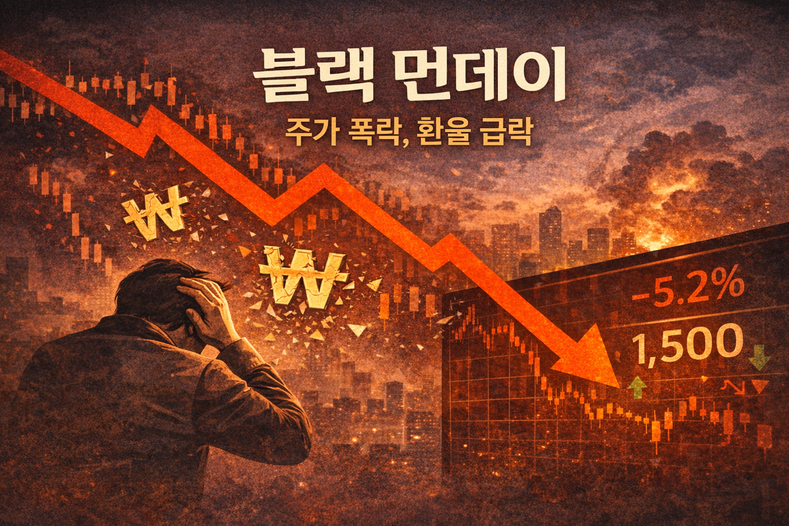 블랙 먼데이 주가 급락과 환율 변동을 상징적으로 표현한 금융 시장 혼란 이미지