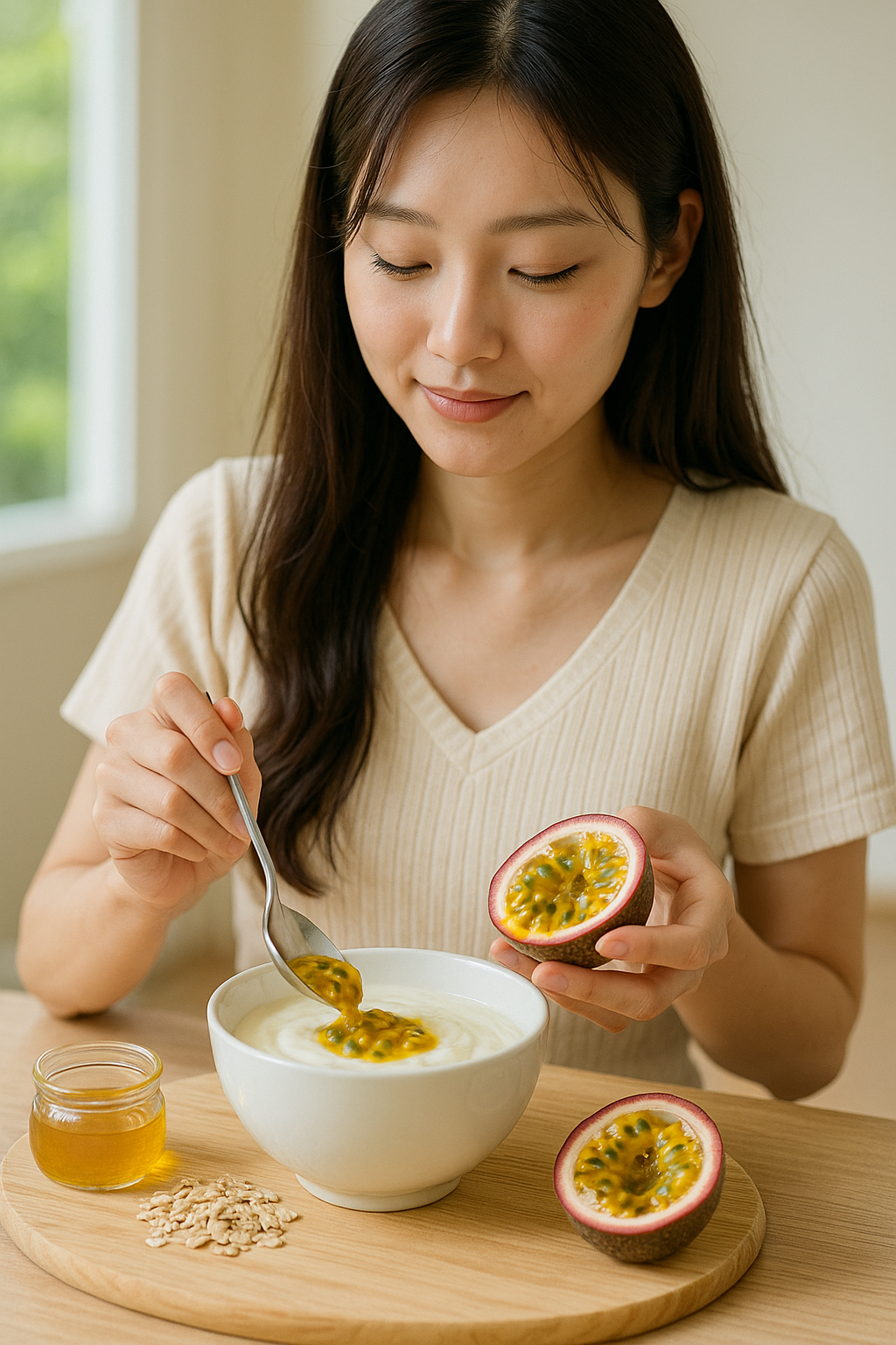 요거트에 패션프루트를 넣는 여성