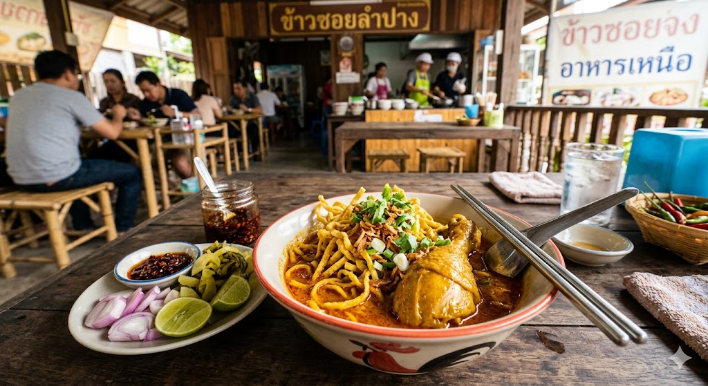 태국의 전통적인 목조 야외 식당 테이블 위에 놓인 카오소이(Khao Soi) 한 그릇. 노란색 카레 국물에 부드러운 닭다리, 에그 누들, 바삭한 튀김 면이 올라가 있으며, 옆에는 라임, 샬롯, 절임 채소, 고추 다대기가 담긴 작은 접시가 숟가락, 젓가락과 함께 놓여 있다. 배경에는 음식을 먹고 있는 손님들과 요리하는 직원들이 보이는 활기찬 로컬 식당의 풍경이 담겨 있다.