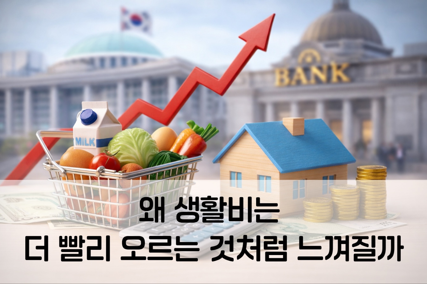 식료품과 주거비 상승을 표현한 물가 상승 이미지, 장바구니와 집 모형, 상승 화살표가 함께 배치된 장면