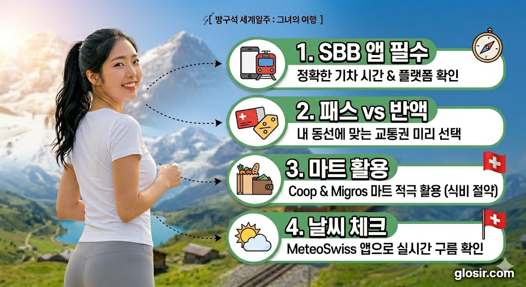 스위스 알프스 배경으로 뒤돌아보며 웃는 한국 여성과 4가지 핵심 여행 꿀팁 정보가 담긴$$방구석 세계일주 그녀의여행$$glosir.com 인포그래픽 배너