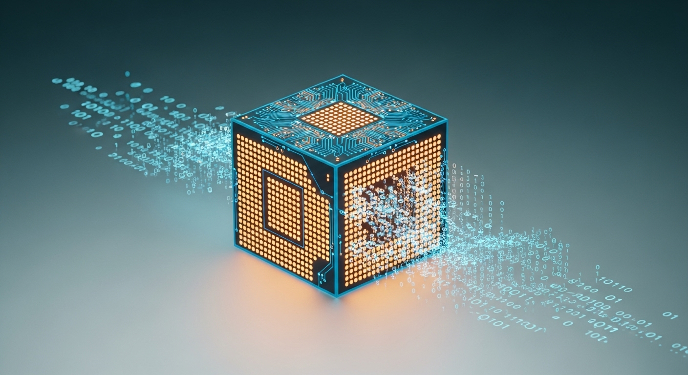 하나의 CPU 코어가 복잡한 작업을 순차적으로 처리하는 모습을 보여주는 미니멀리스트 일러스트레이션.