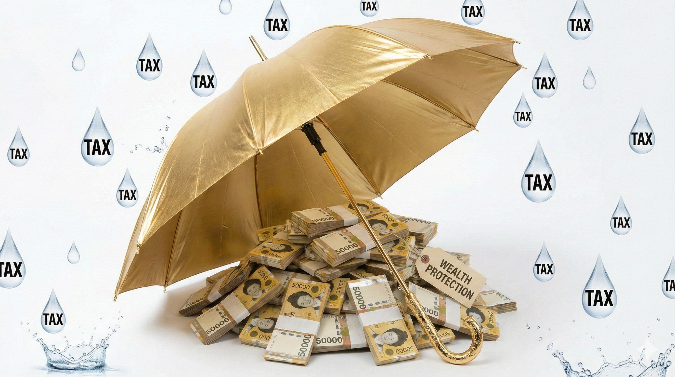 쏟아지는 '세금(Tax)'이라는 비를 황금색 우산(분리과세)이 막아주어 아래에 있는 돈다발을 지키는 모습