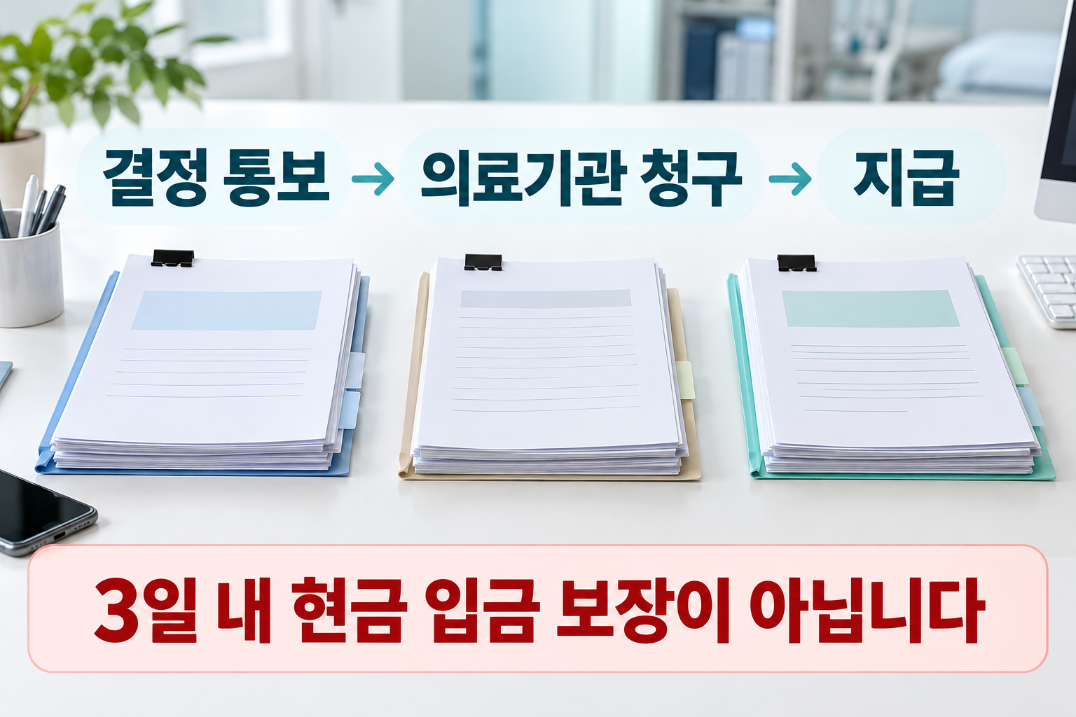 지자체 결정 안내와 병원의 청구&middot;지급 서류를 차례로 배치한 장면