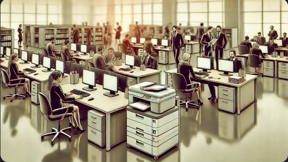 다양한 컴퓨터와 프린터가 있는 바쁜 사무실 환경