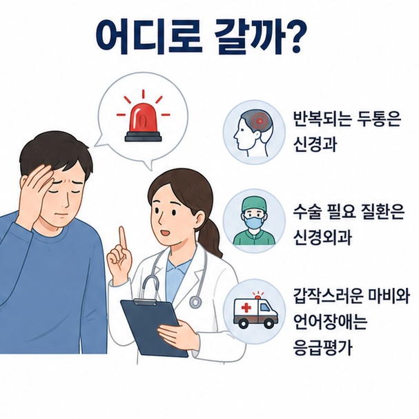 반복되는 두통은 신경과를 먼저 고려하고 수술이 필요한 뇌와 척추질환은 신경외과, 갑작스러운 마비와 언어장애는 응급평가가 우선이라는 이미지