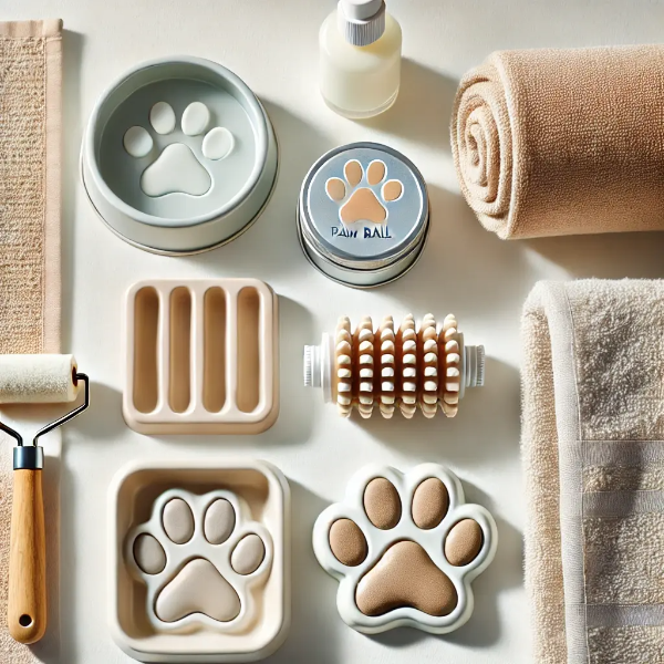 하얀 배경 위에 정리된 강아지 전용 발바름 크림, 세정컵, 수건, 데일리 케어 용품들의 전문 스튜디오 촬영 사진 (텍스트 없음)