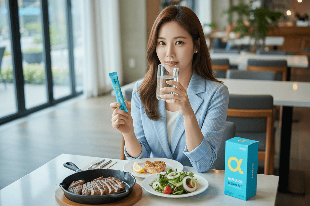 한국인 소비자가 기름진 식사 후 물과 함께 알파CD 클린 핏 스틱을 섭취하는 장면을 단계별로 보여주는 사용 방법 안내 이미지